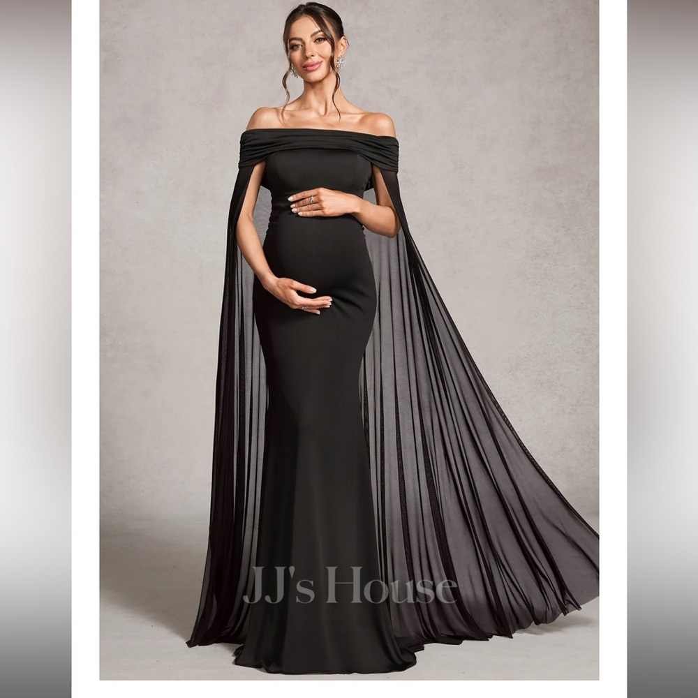 JJ's House Black Off-Shoulder Maternity Maxi Gown with Sheer Cape